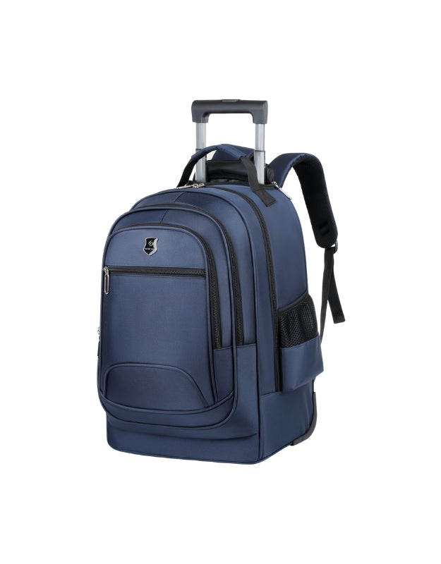 Blue rolling school backpack with wheels and side mesh pockets.